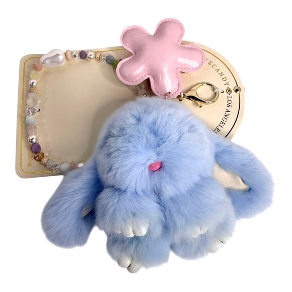 Eyecandy Fluffy Bunny Bag Charm Flower Beaded Bracelet Key Clip Blue Faux Fur - Picture 8 of 8